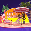 Vibrant Summer Scene With Flamingo Lifebuoy Striped Umbrella Beach Chair And Palm Trees
