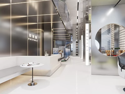 Modern Beauty Salon Interior Design Featuring White Metallic Open Reception Area Round Mirror and Seating 3d model