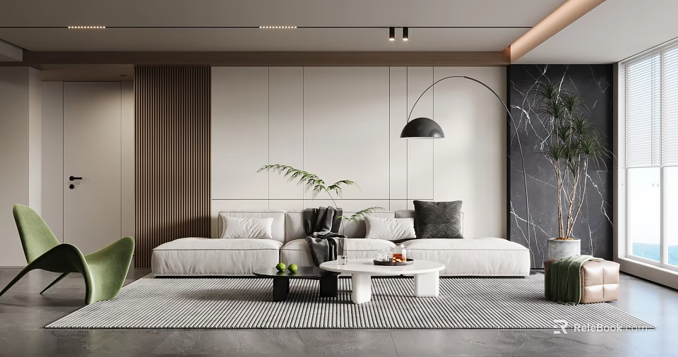 Modern Living Room Interior Design With White Sofa Coffee Table Floor Lamp And Plants 3d model 