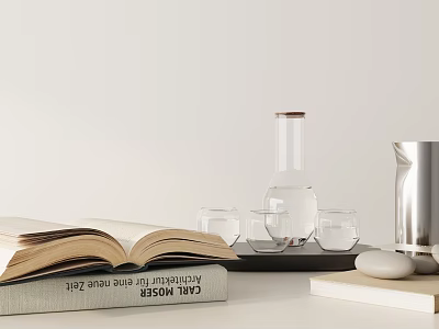 Open Kitchen Flower Table Book Wine Issue Magazine On Tray With Glass Bottle Drinking Glasses 3d model