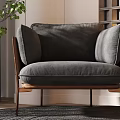Gray Single Sofa with Wooden Armrests and Side Table Lamp Green Plant Lattice Wall Rug