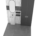 Modern Bathroom Cabinet Rack With Oval Mirror Lighting Grey Cabinet And White Black Wall Tiles