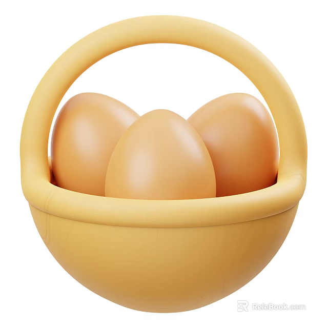 Three Brown Fresh Eggs in Yellow Basket for Nutritious Breakfast Ideas 3d model 