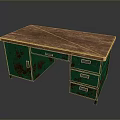 Vintage Wooden Top Desk With Green Cabinet Metal Handles And Distressed Finish
