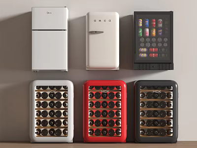 Various Colored Refrigerators And Freezers Featuring Modern Single Door And Glass Door Designs 3d model