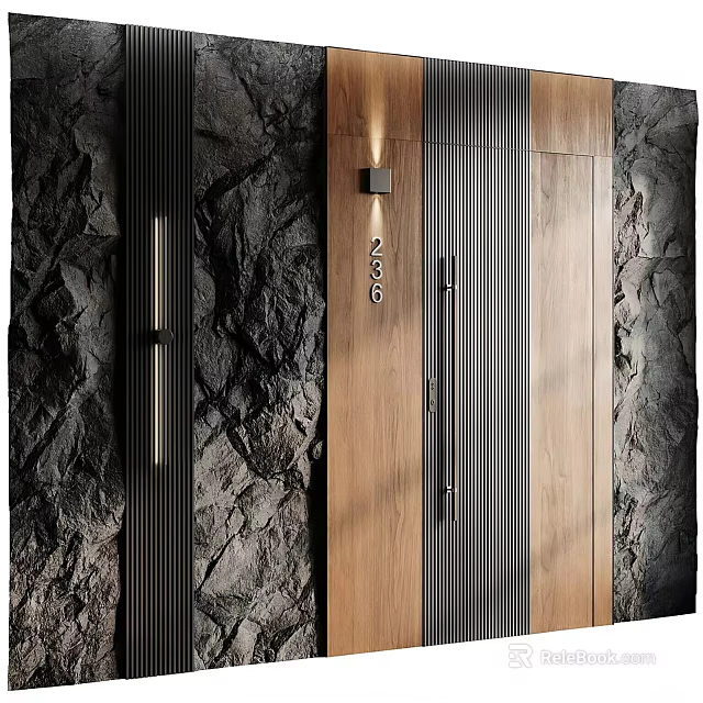 Modern Wooden Swing Door With Vertical Strips And Stone Wall Background Design 3d model 
