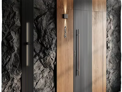 Modern Wooden Swing Door With Vertical Strips And Stone Wall Background Design 3d model
