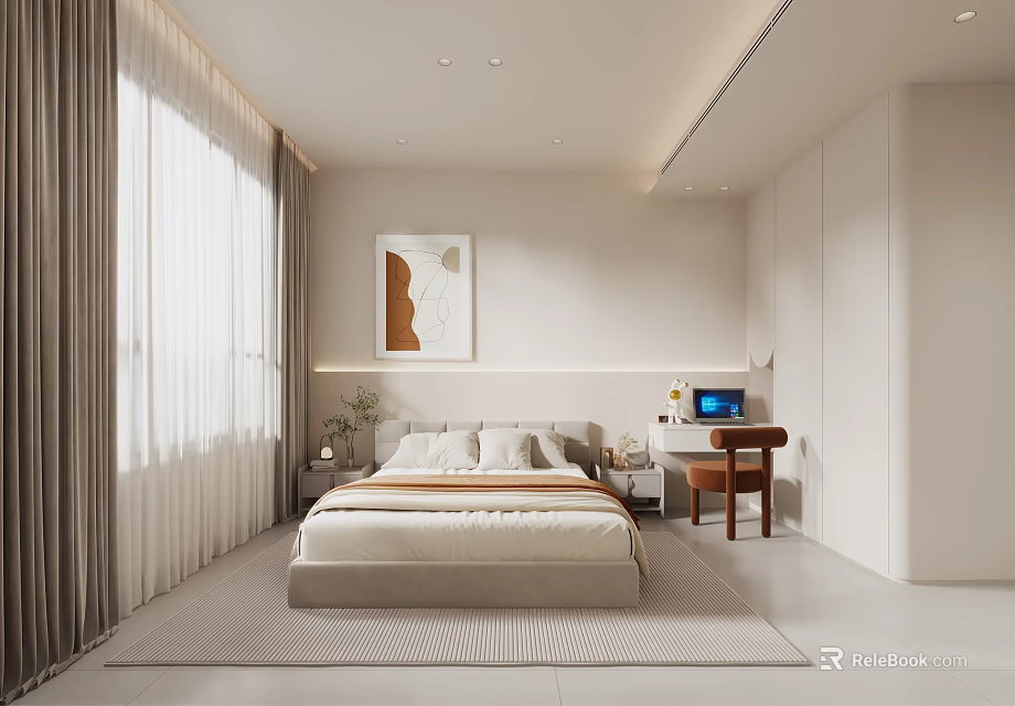 Modern Bedroom Interior With Bed Curtains Artwork Desk And Laptop 3d model 