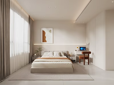Modern Bedroom Interior With Bed Curtains Artwork Desk And Laptop 3d model