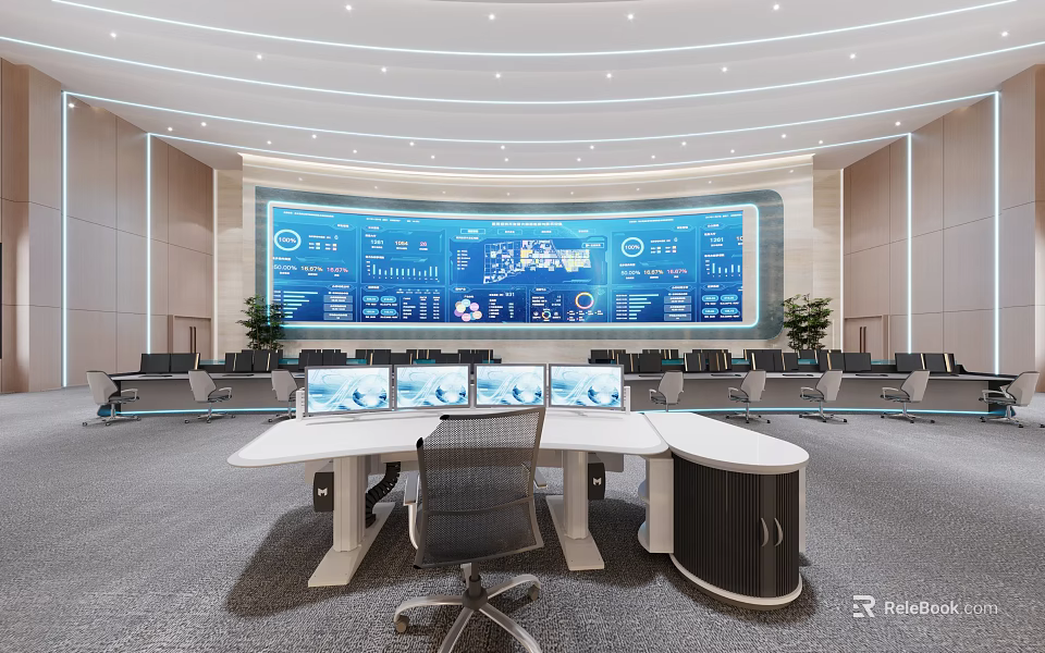 Modern Control Room Interior With Large Digital Screen And Office Desks 3d model 