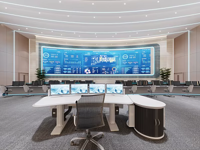 Modern Control Room Interior With Large Digital Screen And Office Desks 3d model