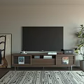 Modern TV Stand with Flat Screen TV Decorative Painting Green Plant and Patterned Rug