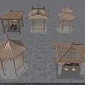 Traditional Chinese Wooden Pavilions Showcasing Various Roof Designs And Seating Areas