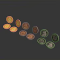 Intricate Sculpted Coin Carvings with Various Colors in Curved Arrangement