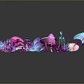 Colorful Fantasy 3D Rendered Plants with Mushroom Flower Jellyfish Shapes Reflective Effects Dark Background