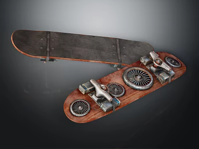 Unique Vintage Skateboard Design With Wooden Deck Mechanical Gears And Metal Parts 3d model