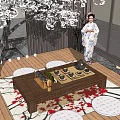 Japanese Tea Table and Chairs on Wooden Floor with Cherry Blossom Tree and Floral Rug
