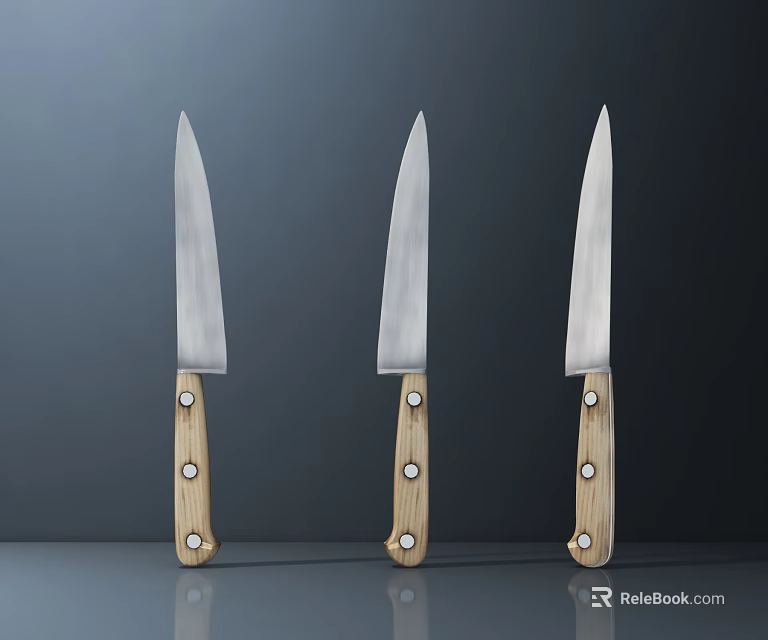 Three High Quality Kitchen Knives With Silver Blades And Wooden Handles On Dark Background 3d model 