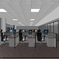 Modern Public Office Space With Cubicles Computers Office Chairs Large Windows And Ceiling Lights