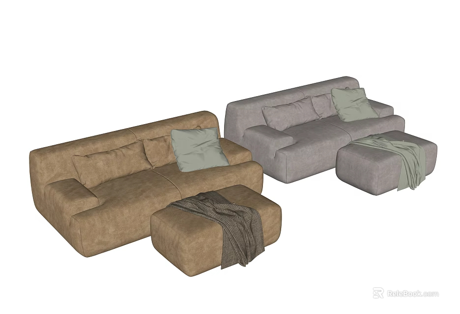 Brown and Gray Two Seater Sofa with Ottoman Blanket and Decorative Pillows 3d model