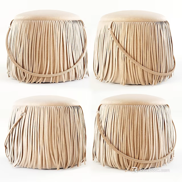 Elegant Round Leather Ottoman with Fringe Accents for Living Room Decor 3d model 