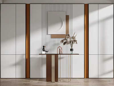 Modern Entryway Console Table With Circular Mirror Decorative Vase And Striped Wall 3d model