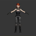Woman with red hair wearing tactical black vest gray pants and gloves on gray background