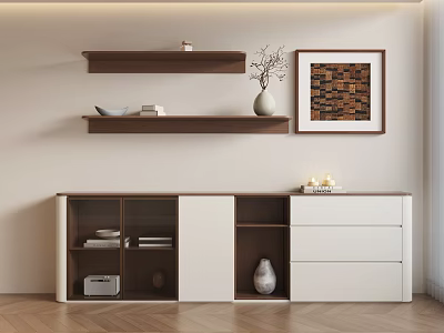 Modern Sideboard With White Wood Finish Drawers Open Shelves Floating Shelves And Wall Art 3d model