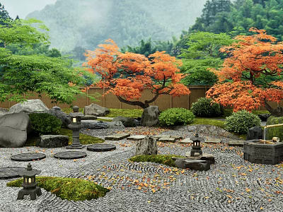 Traditional Japanese Garden Landscape With Orange Maple Trees Stone Lanterns And Gravel 3d model