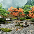 Traditional Japanese Garden Landscape With Orange Maple Trees Stone Lanterns And Gravel