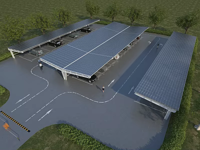 Solar Panel Covered Carport Canopies Providing Shade in Outdoor Parking Lot with Vehicles and Trees 3d model