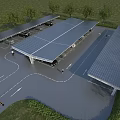Solar Panel Covered Carport Canopies Providing Shade in Outdoor Parking Lot with Vehicles and Trees