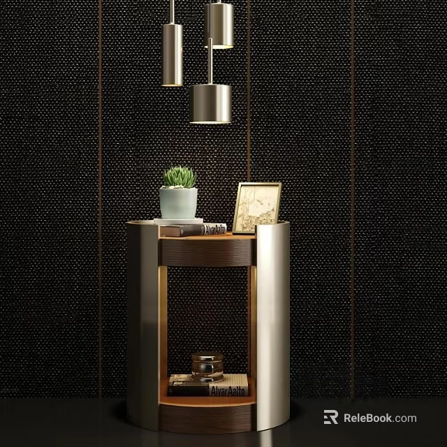 Modern Bedside Table with Metal and Wooden Frame Green Potted Plant Photo Frame and Books 3d model 