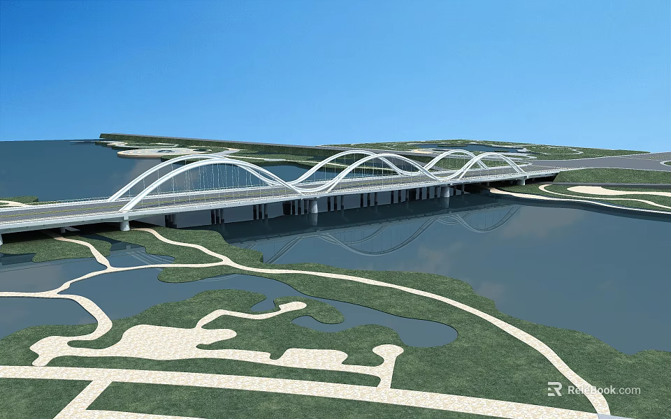 Modern Arched Bridge Design Over Water With Green Landscape And Winding Paths 3d model 