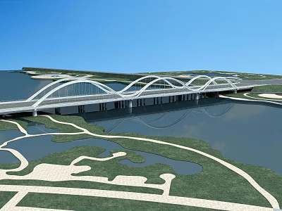 Modern Arched Bridge Design Over Water With Green Landscape And Winding Paths 3d model