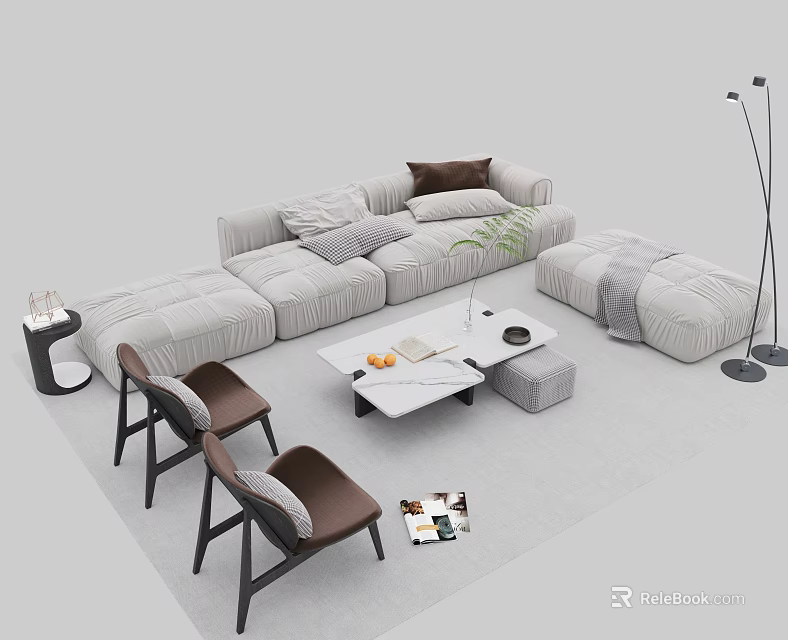 Modern Light Gray Sectional Sofa And Coffee Table Set With Ottoman Accent Chairs Decorative Pillows 3d model