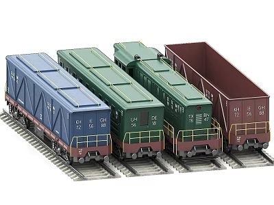 Model Freight Train Cars in Blue Green and Red on Railway Tracks 3d model