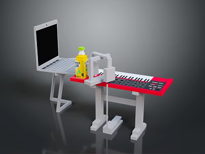 Laptop On White Stand With Beverage Bottle And Red Electronic Keyboard 3d model