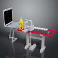 Laptop On White Stand With Beverage Bottle And Red Electronic Keyboard