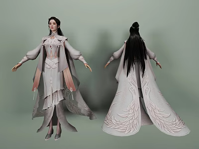 Game and Movie Character in Traditional Style Robe with Intricate Embroidery Front and Back Views 3d model