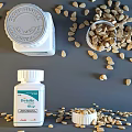 White Medical Device Pill Bottle Brintellix 10mg With Scattered Tablets And Container