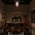 Traditional Chinese Interior With Wooden Tables Chairs Calligraphy Paintings And Lantern