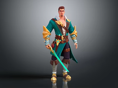 Male Fantasy Adventurer Character In Green Gold Cloak Outfit Holding Sword With Detailed Gear 3d model