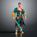 Male Fantasy Adventurer Character In Green Gold Cloak Outfit Holding Sword With Detailed Gear