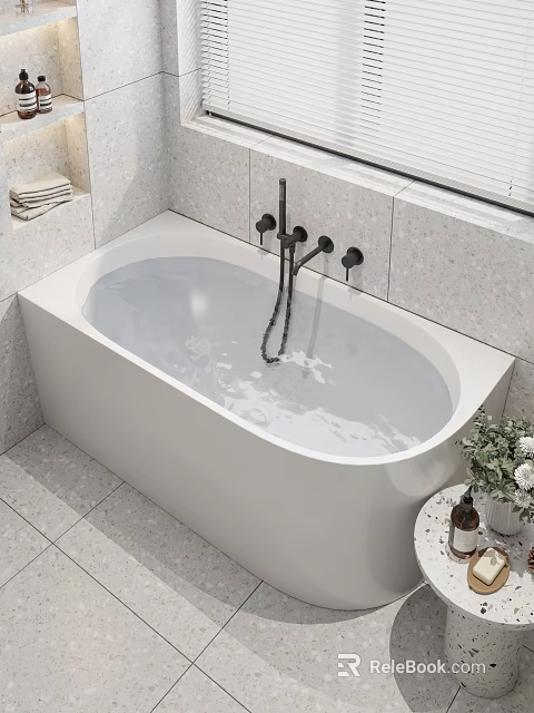Modern Minimalist Bathroom With Sleek White Soaking Bathtub And Elegant Terrazzo Wall And Floor Tiles 3d model 