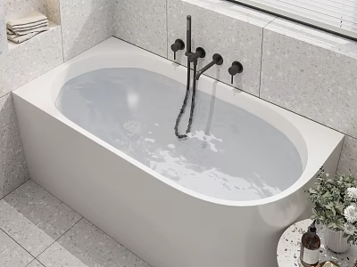 Modern Minimalist Bathroom With Sleek White Soaking Bathtub And Elegant Terrazzo Wall And Floor Tiles 3d model