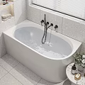 Modern Minimalist Bathroom With Sleek White Soaking Bathtub And Elegant Terrazzo Wall And Floor Tiles