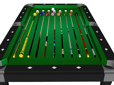 Billiard Room With Green Felt Table Colorful Balls And Arranged Cues 3d model