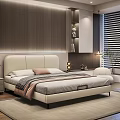 Modern Cozy Double Bed with Cream Headboard Bedding Nightstand Table Lamp Bookshelf and Blinds