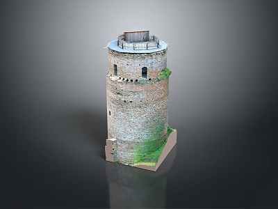Ancient Stone Tower Scenery With Windows Battlements Green Grass At Base And Dark Background 3d model